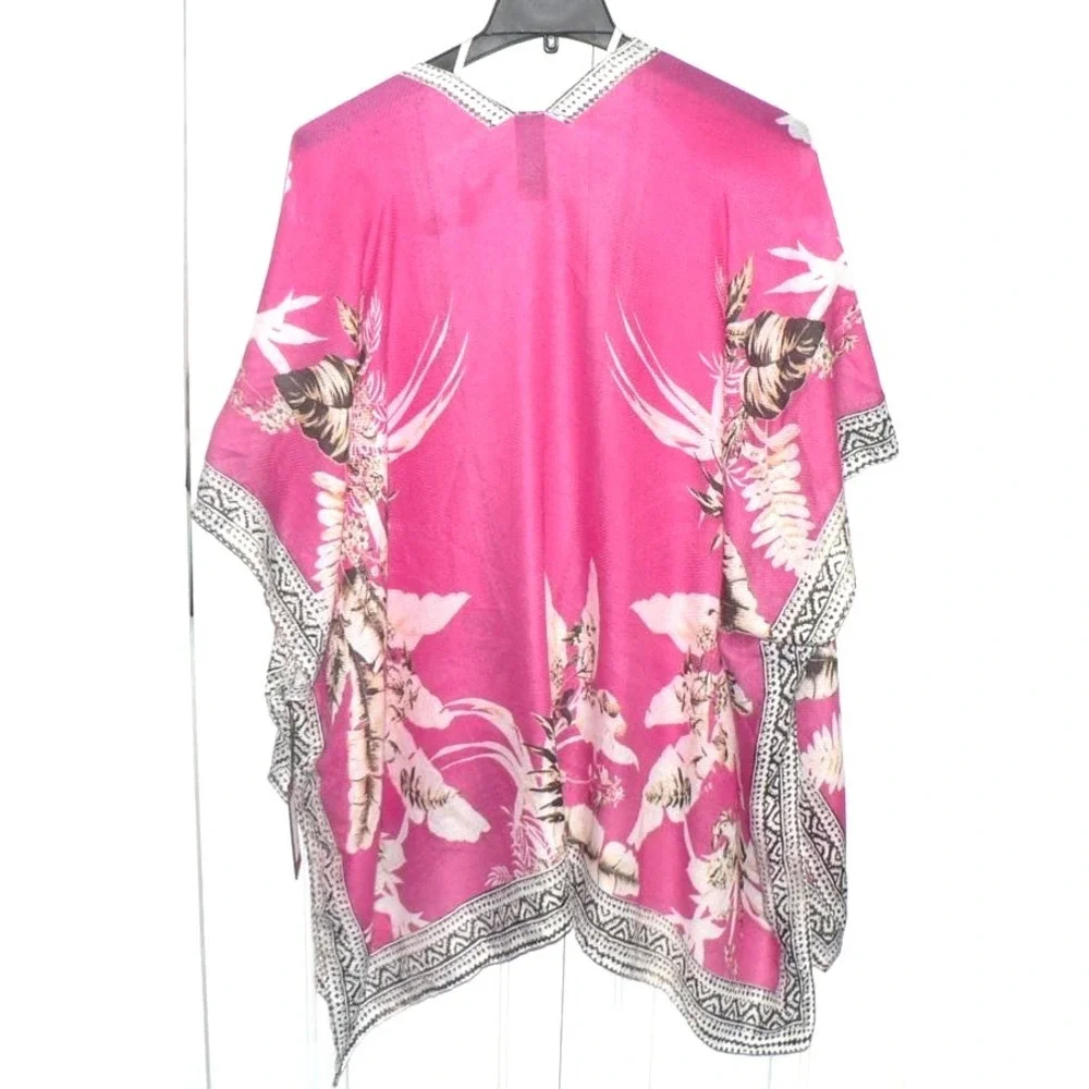 Vince Camuto Women's Tropical Blooms & Border Open Front Topper OSFM in Pink Mul - Picture 6 of 8